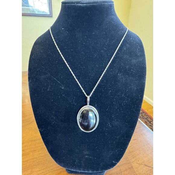 Jason Livingston Navajo Onyx Necklace Pendant Oval Cabachon Vtg Sterling Silver - Picture 1 of 8
